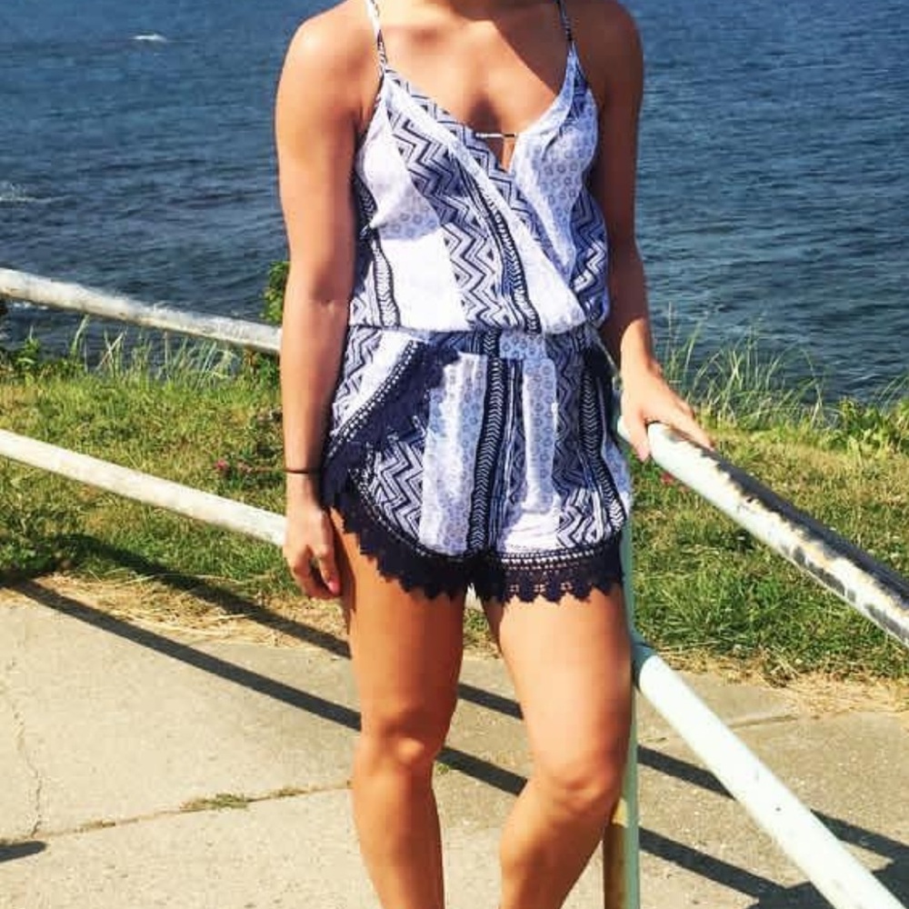 Summer boutique romper with lace trim detail